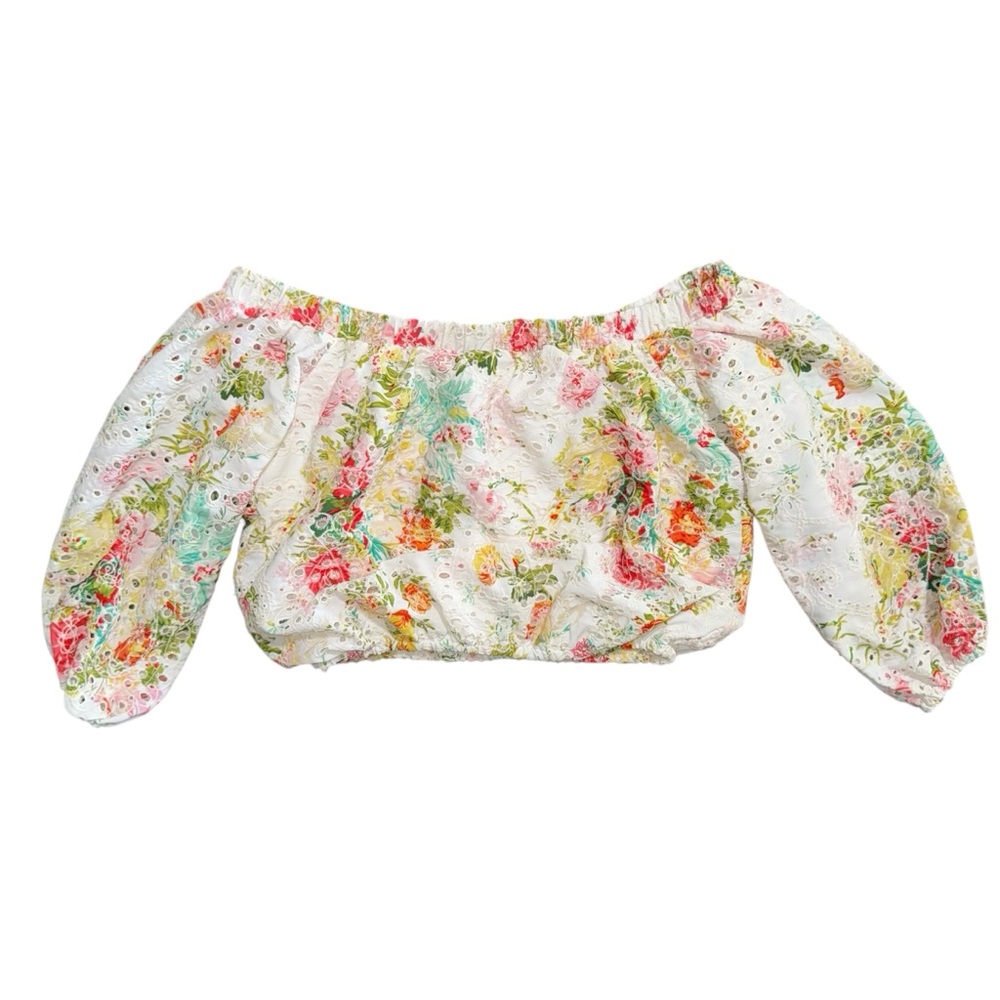 ASTR the Label Danya Floral Print Eyelet Top Size XS off shoulder self-tie back